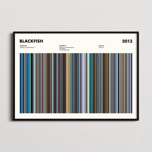 Blackfish Movie Barcode Poster framed and photographed straight on