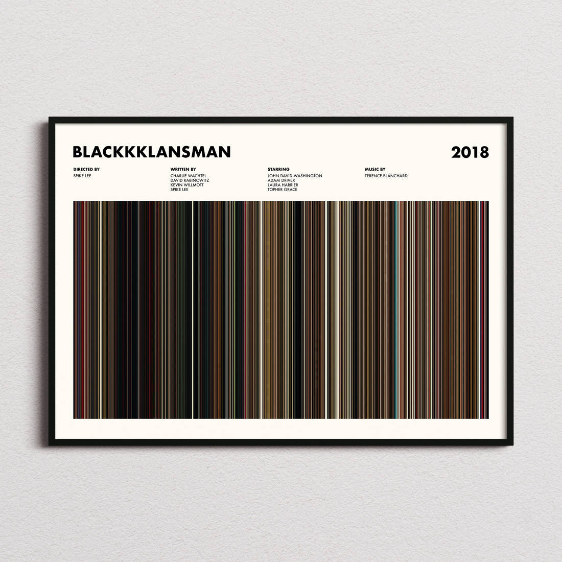 BlacKkKlansman Movie Barcode Poster framed and photographed straight on