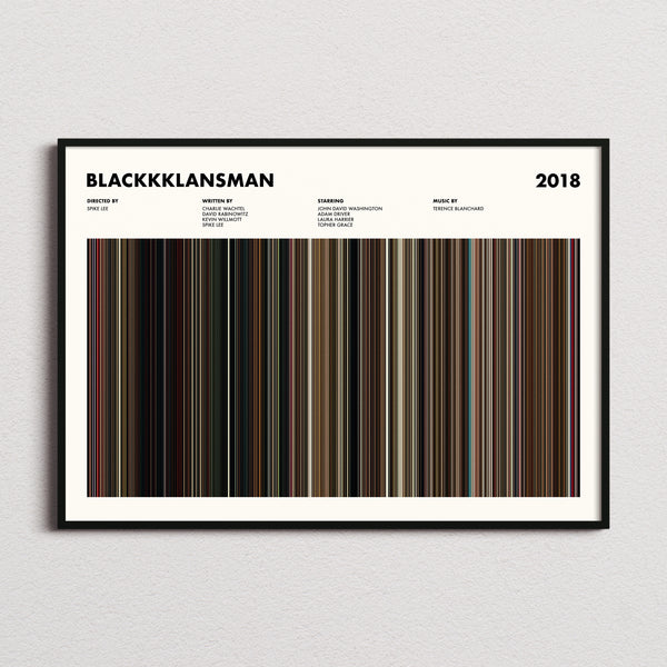 BlacKkKlansman Movie Barcode Poster framed and photographed straight on