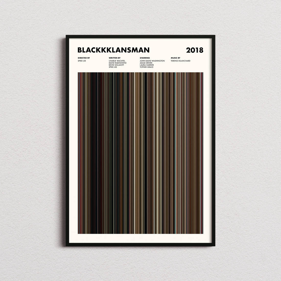 BlacKkKlansman Movie Barcode Poster framed on a plain studio wall