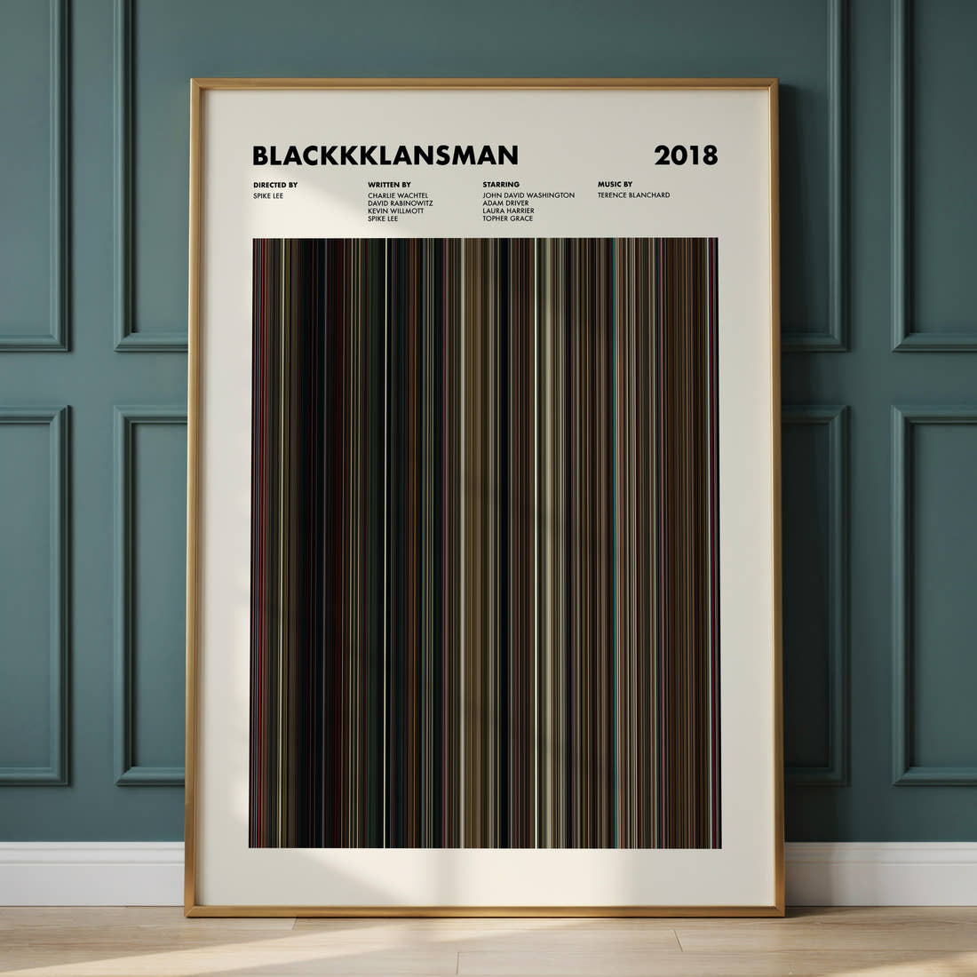 BlacKkKlansman Movie Barcode Poster framed and leaning against a panelled wall