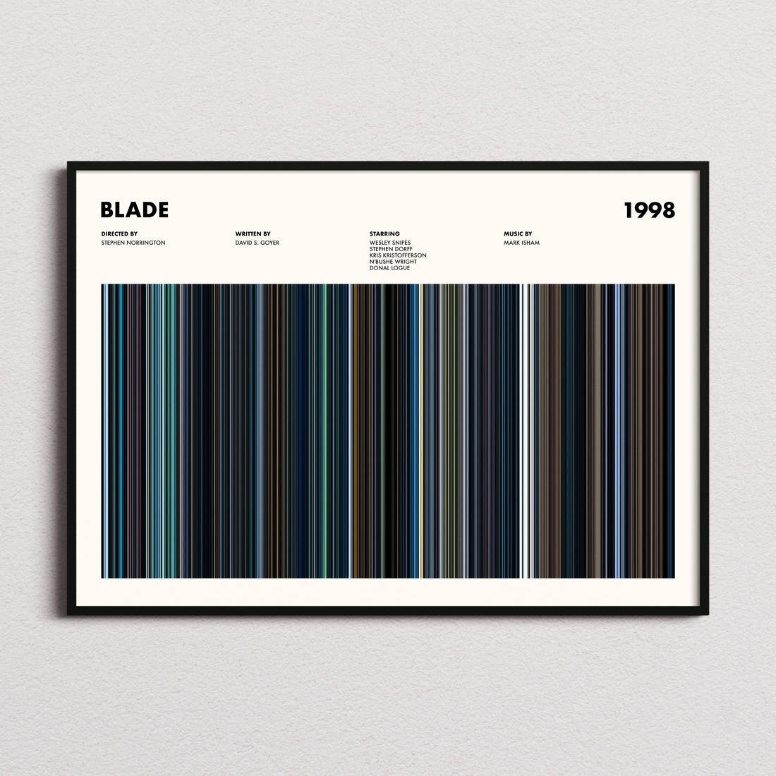Blade Movie Barcode Poster framed and photographed straight on