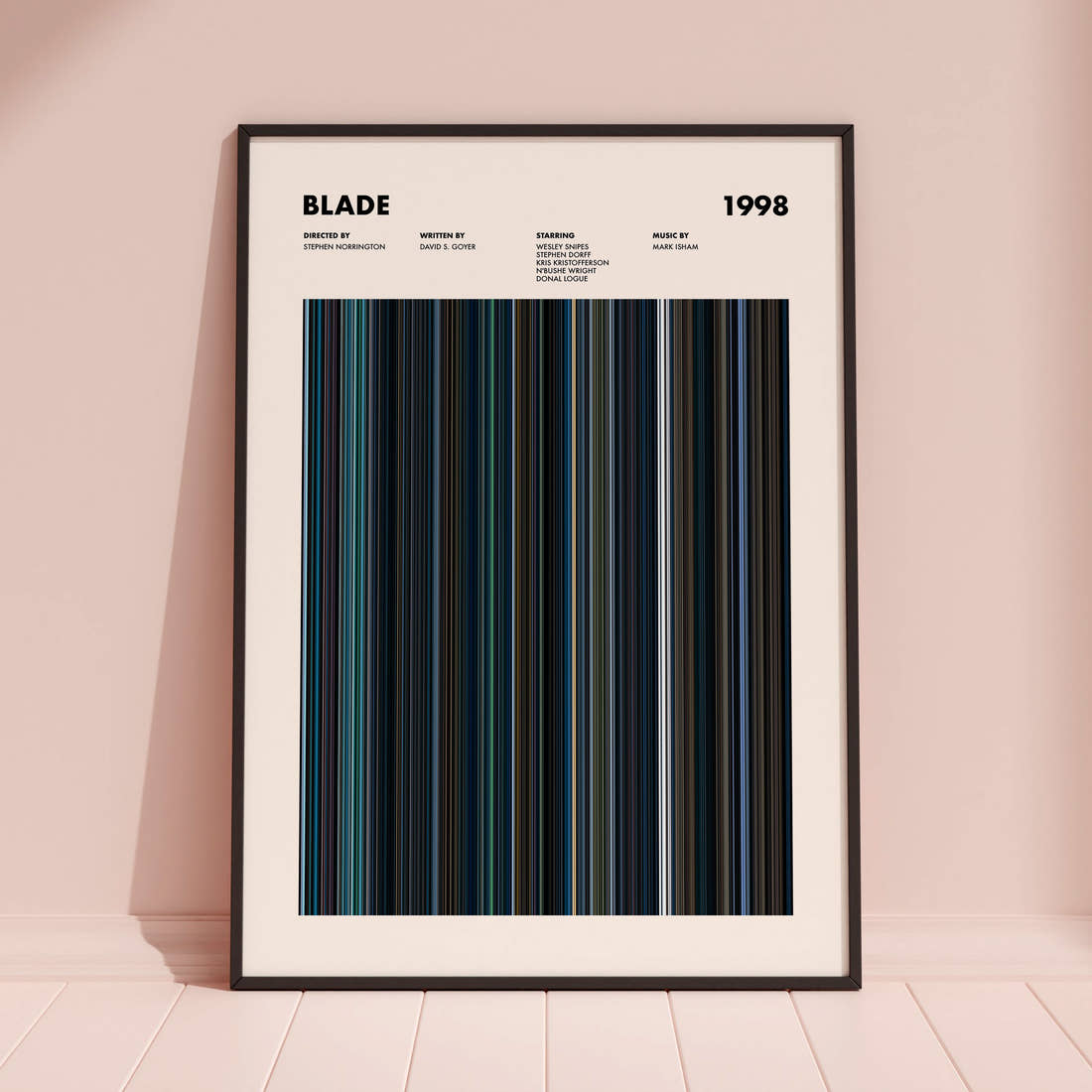 Blade Movie Barcode Poster framed and leaning against a coloured wall