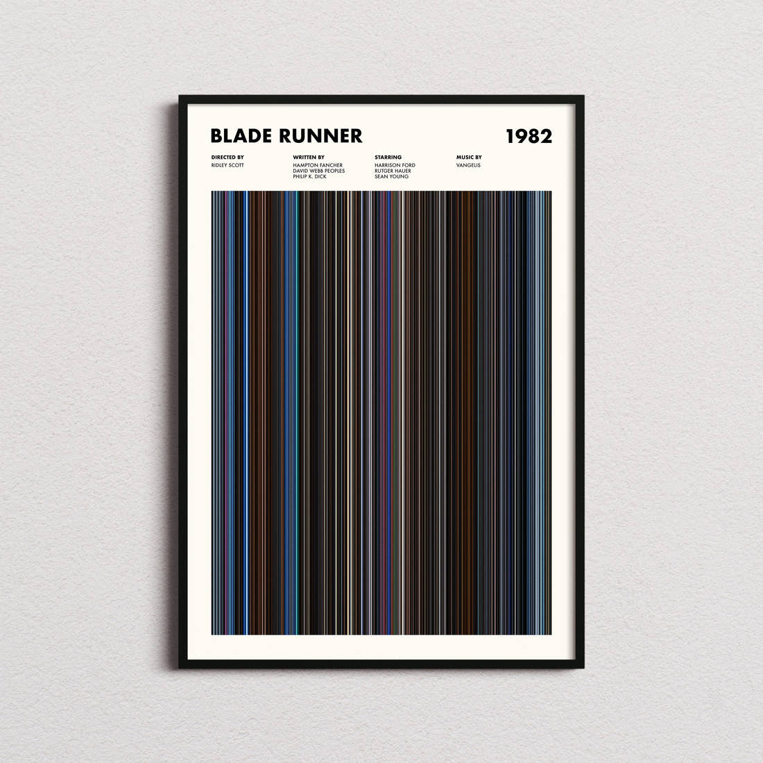 Blade Runner Movie Barcode Poster framed on a plain studio wall
