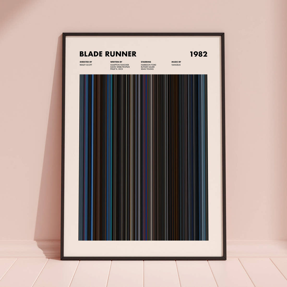 Blade Runner Movie Barcode Poster framed and leaning against a coloured wall