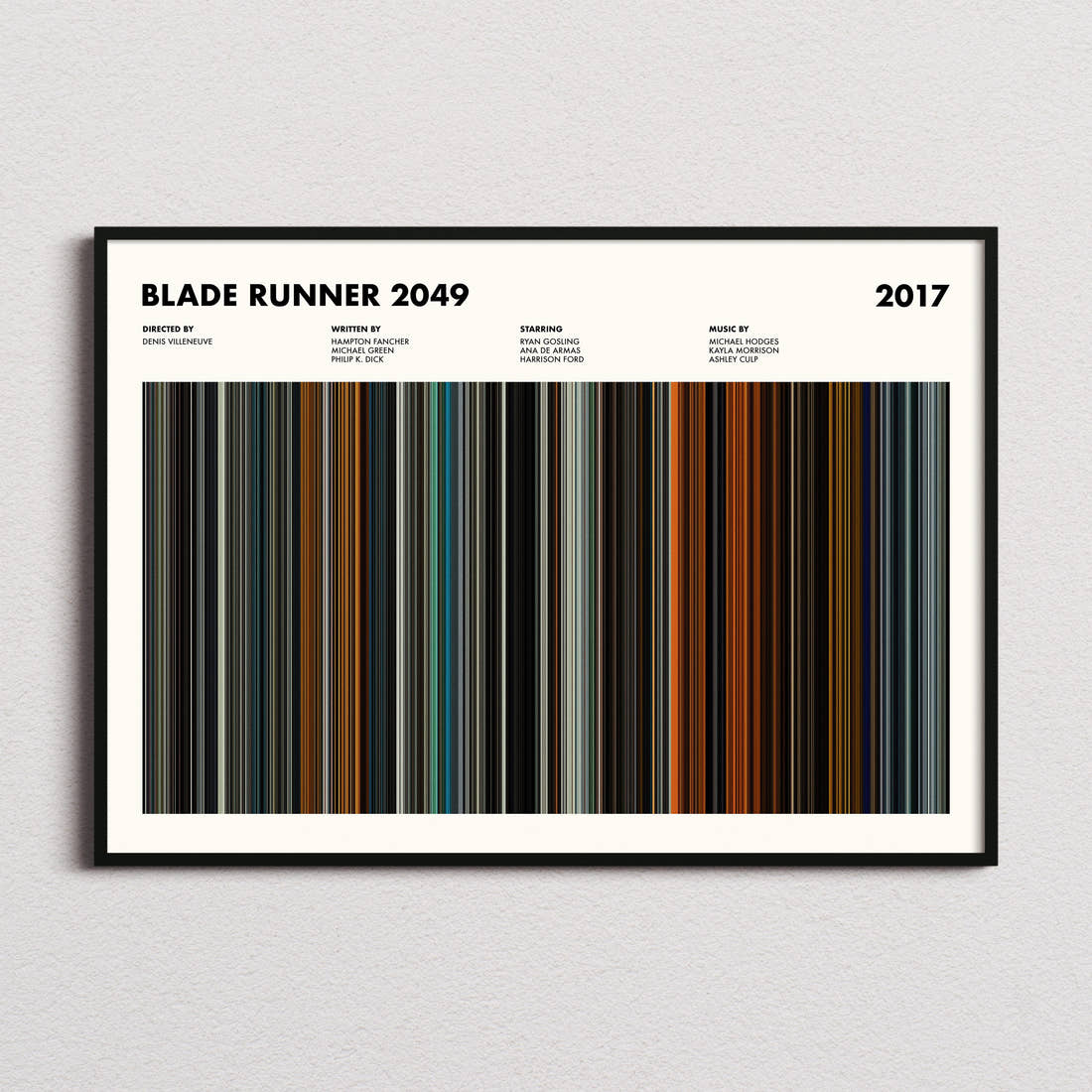 Blade Runner 2049 Movie Barcode Poster framed and photographed straight on