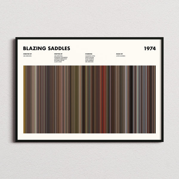 Blazing Saddles Movie Barcode Poster framed and photographed straight on