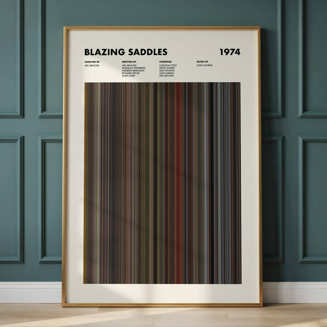 Blazing Saddles Movie Barcode Poster framed and leaning against a panelled wall