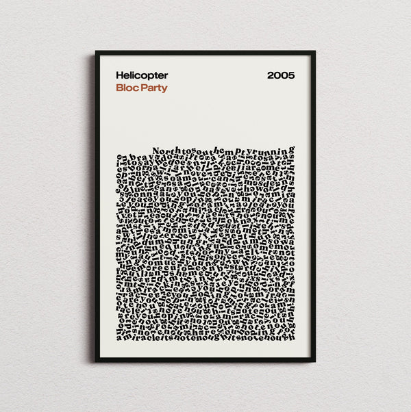 Bloc Party Helicopter Lyric Print in the cream colourway, framed