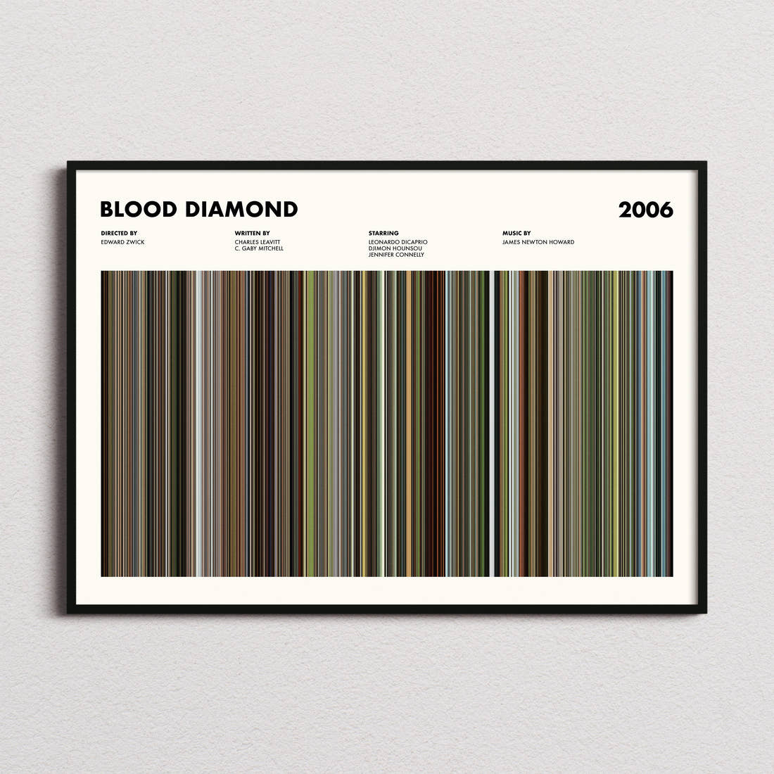 Blood Diamond Movie Barcode Poster framed and photographed straight on