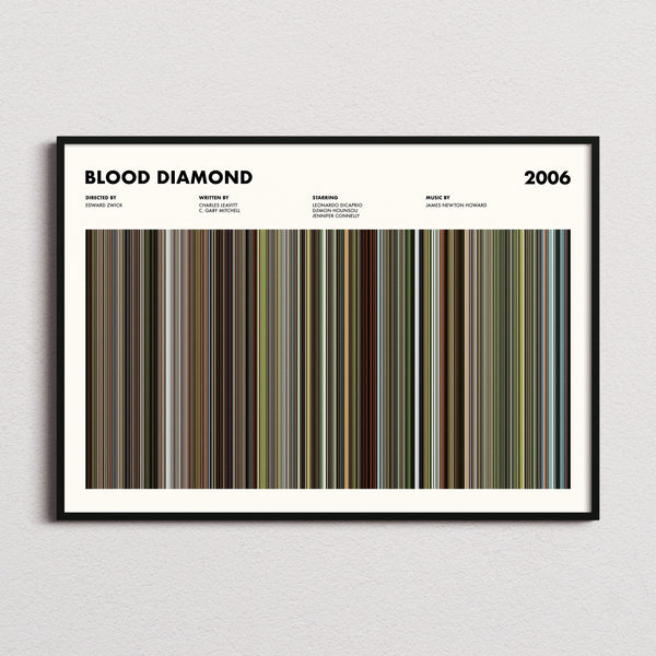 Blood Diamond Movie Barcode Poster framed and photographed straight on