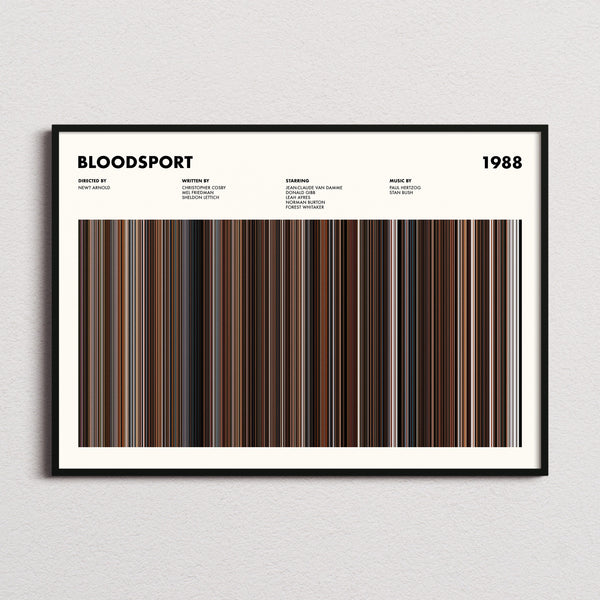 Bloodsport Movie Barcode Poster framed and photographed straight on