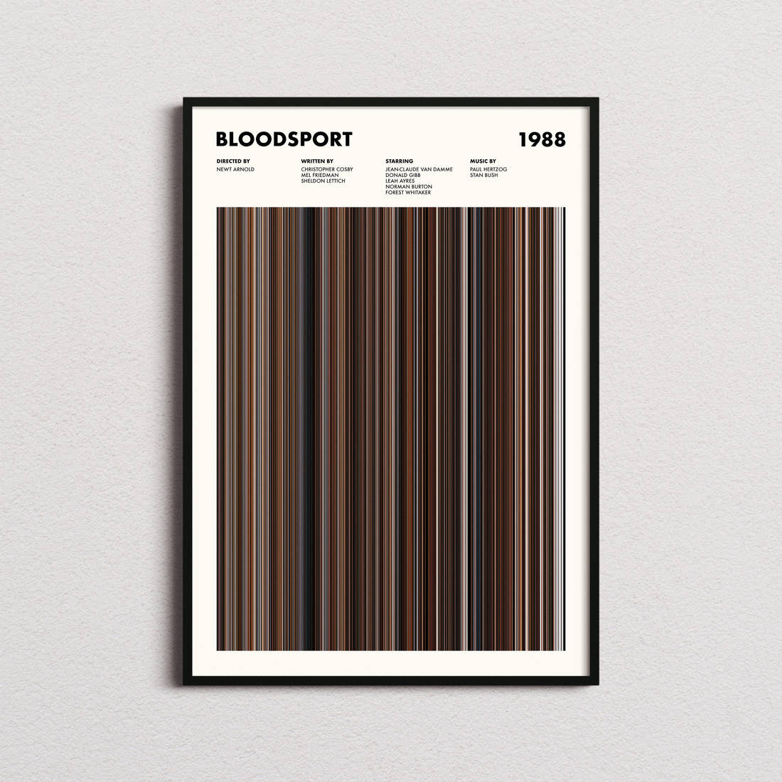 Bloodsport Movie Barcode Poster framed on a plain studio wall