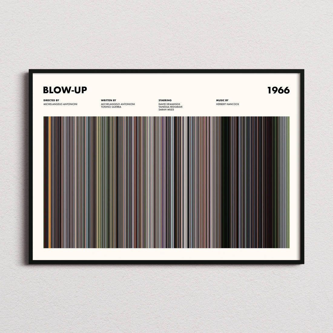 Blow-Up Movie Barcode Poster framed and photographed straight on