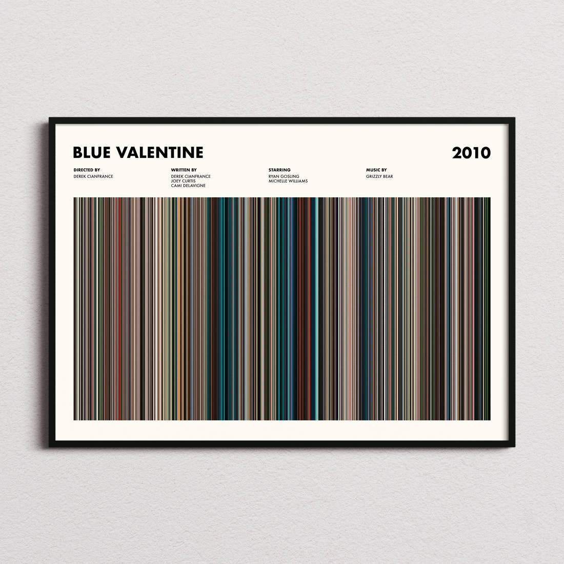 Blue Valentine Movie Barcode Poster framed and photographed straight on
