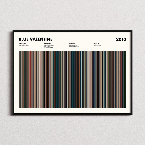 Blue Valentine Movie Barcode Poster framed and photographed straight on