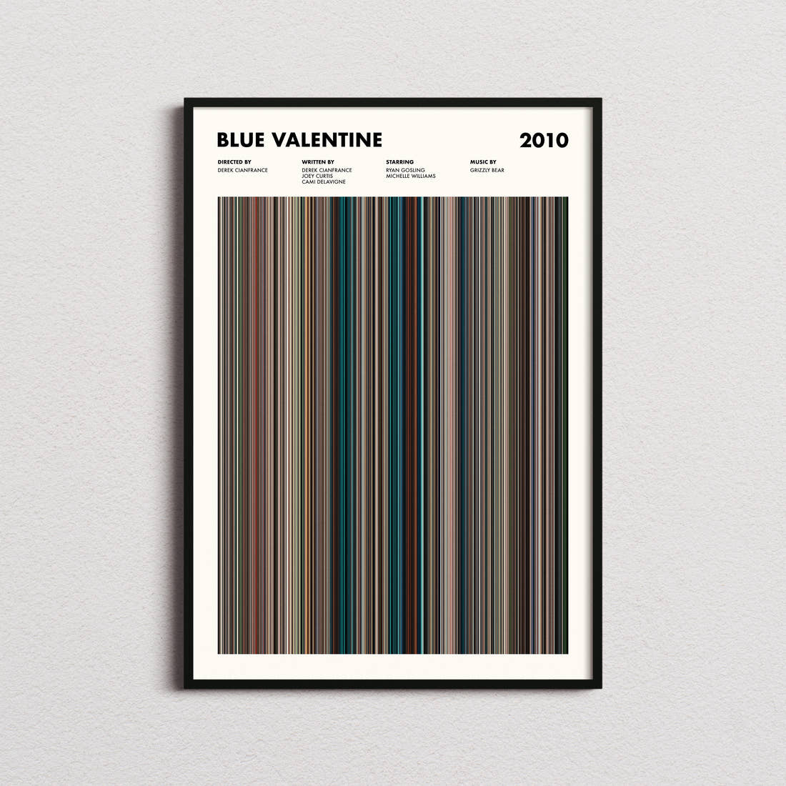Blue Valentine Movie Barcode Poster framed on a plain studio wall
