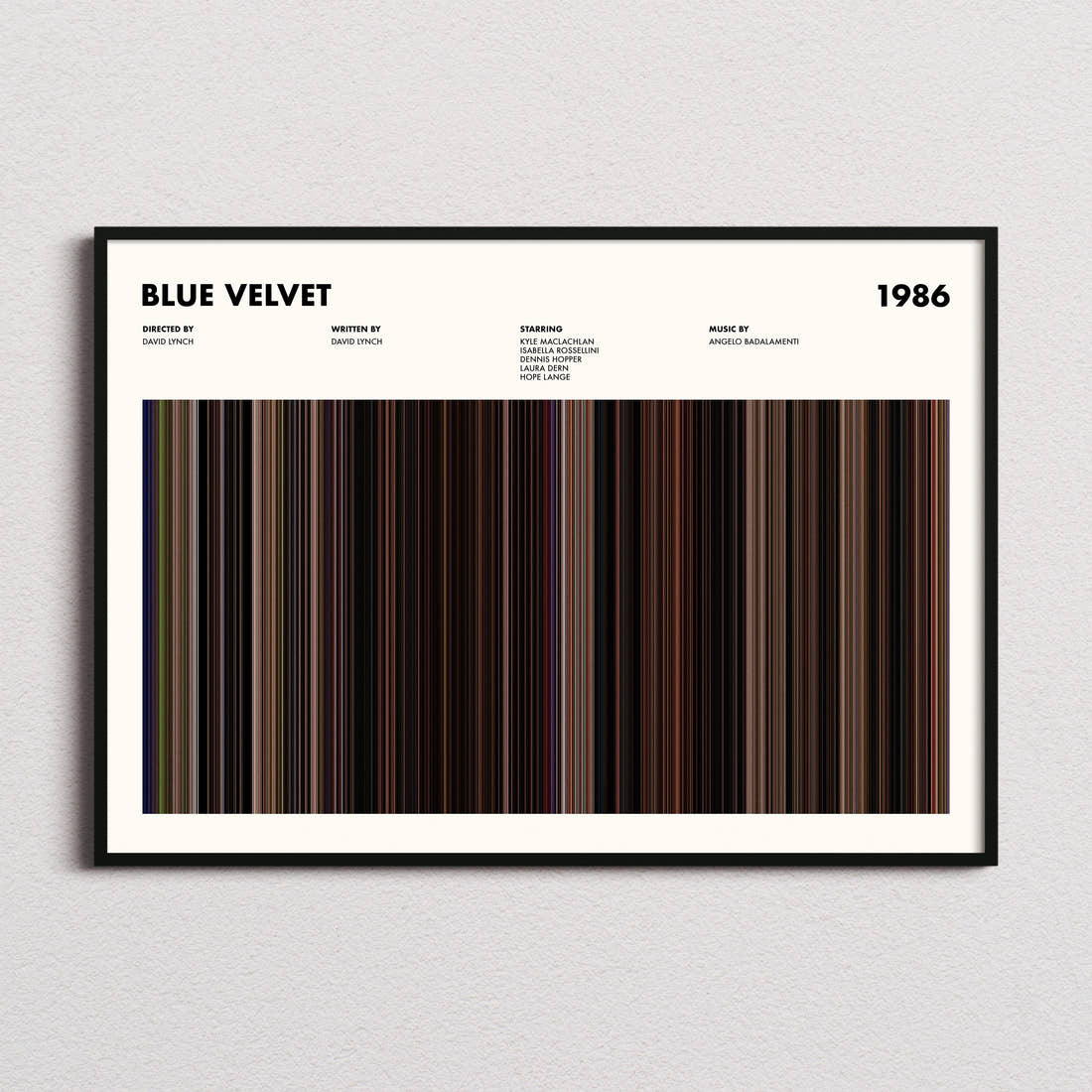 Blue Velvet Movie Barcode Poster framed and photographed straight on