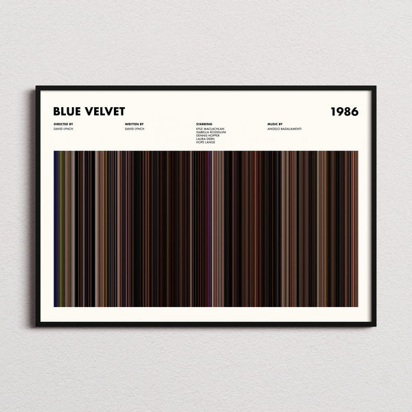 Blue Velvet Movie Barcode Poster framed and photographed straight on