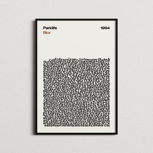 Blur Parklife Lyric Print in the cream colourway, framed