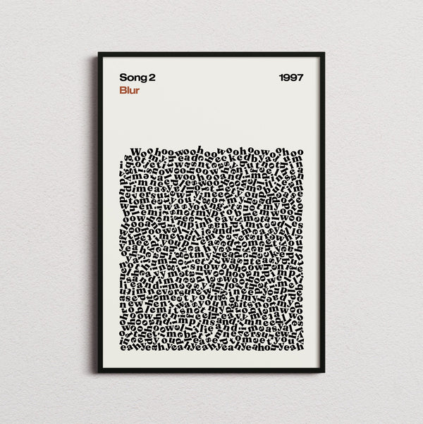 Blur Song 2 Lyric Print in the cream colourway, framed