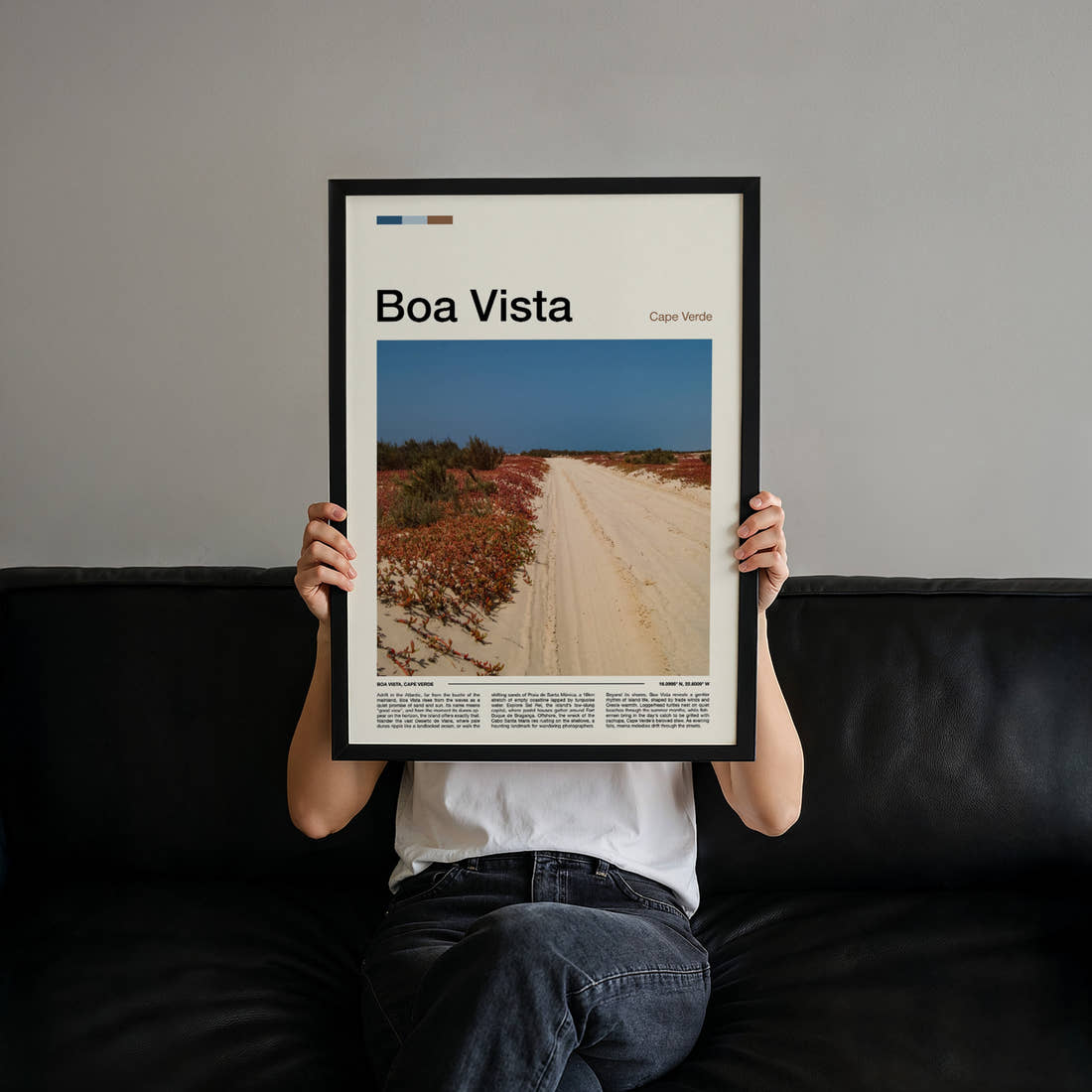 Boa Vista Sandy Desert Track Travel Print held up by hand to show the size of the print