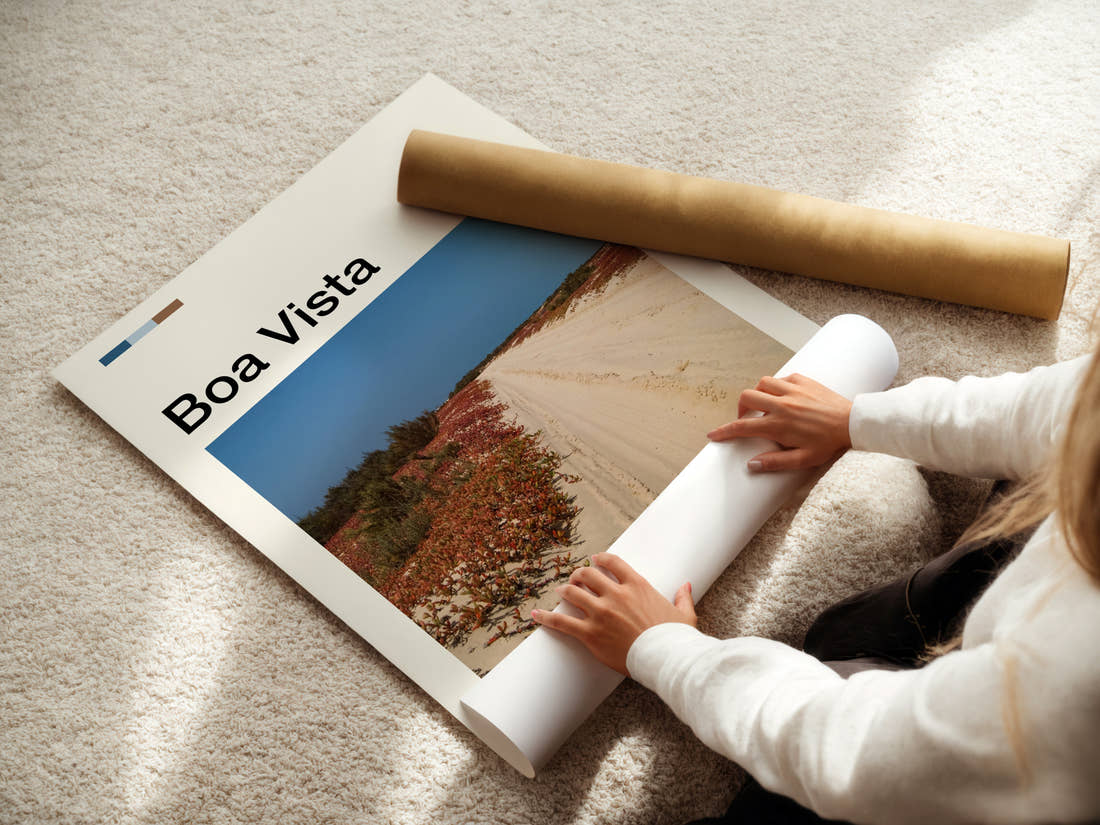 Boa Vista Sandy Desert Track Travel Print being unrolled from its postal tube