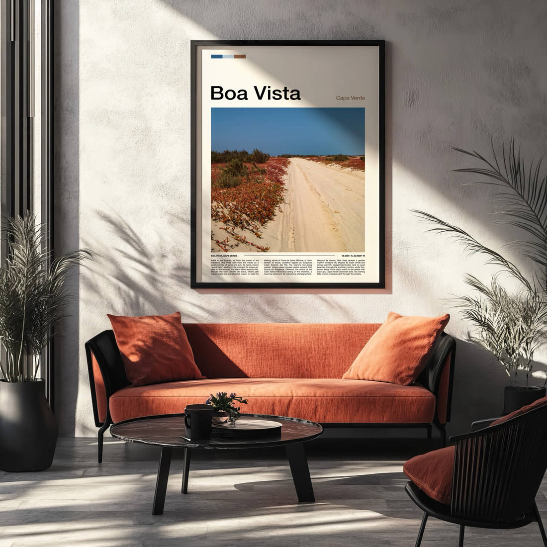 Boa Vista Sandy Desert Track Travel Print framed on the wall of a modern living room