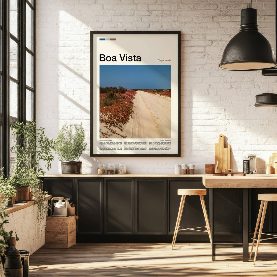 Boa Vista Sandy Desert Track Travel Print framed on the wall of a bright kitchen and dining space