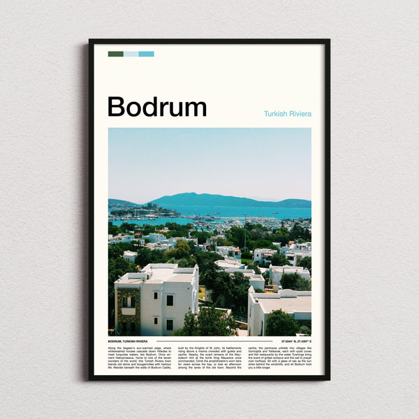 Bodrum Harbour Town View Travel Print framed and photographed straight on