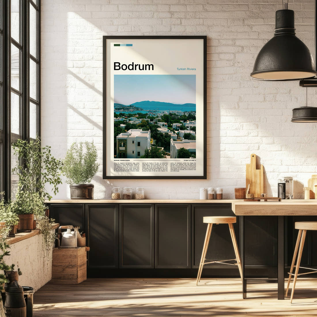 Bodrum Harbour Town View Travel Print framed on the wall of a bright kitchen and dining space