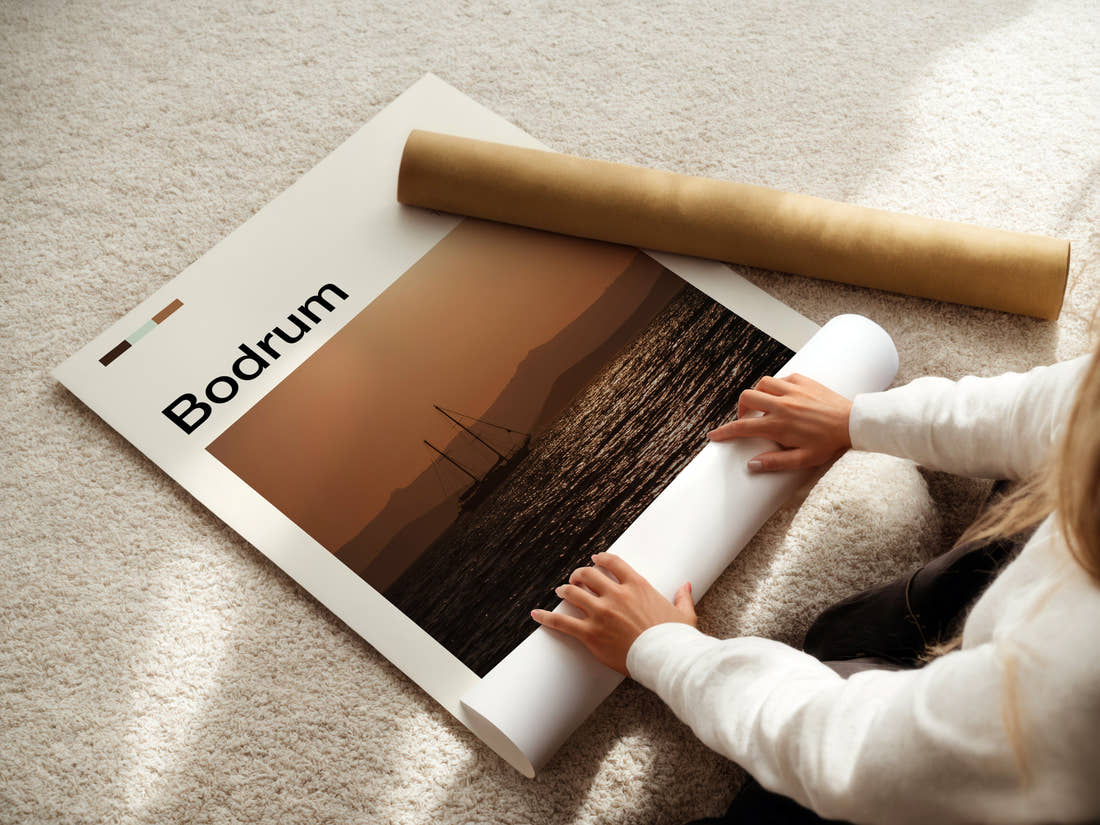 Bodrum Sunset Sailing Boat Travel Print being unrolled from its postal tube