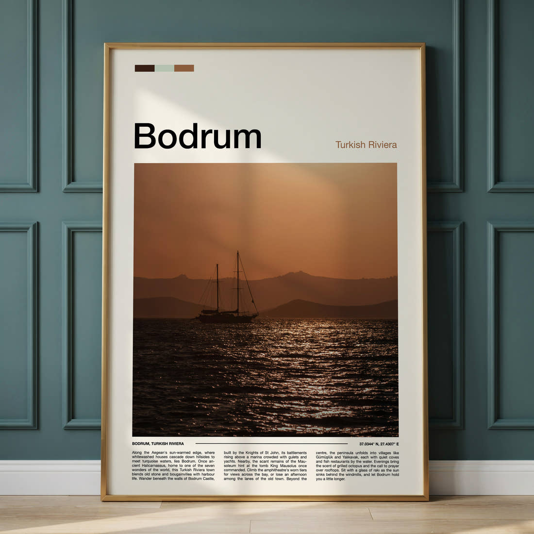 Bodrum Sunset Sailing Boat Travel Print framed on the wall of a calm, neutral bedroom