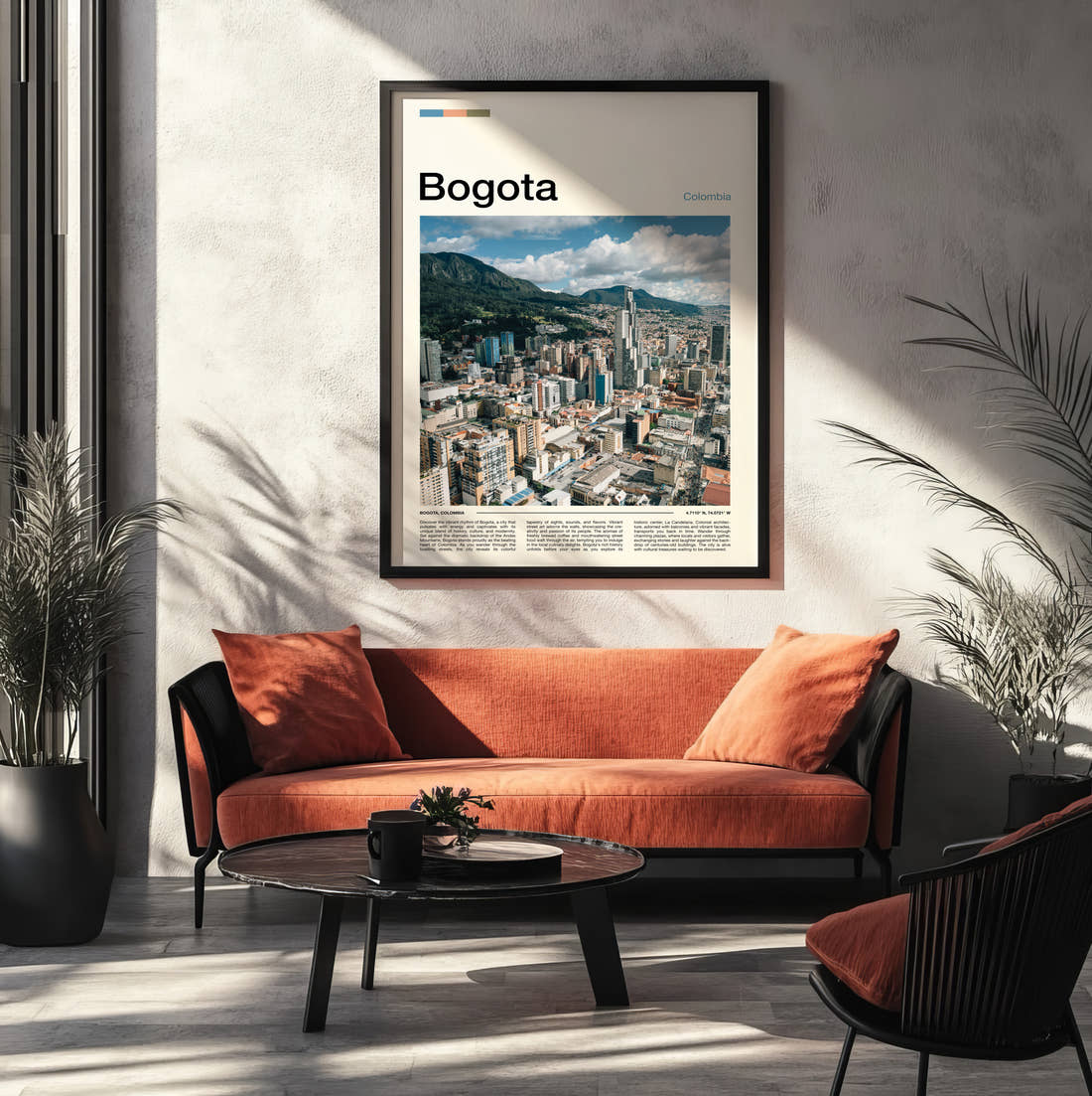 Bogota City Below The Mountains Travel Print framed on the wall of a modern living room