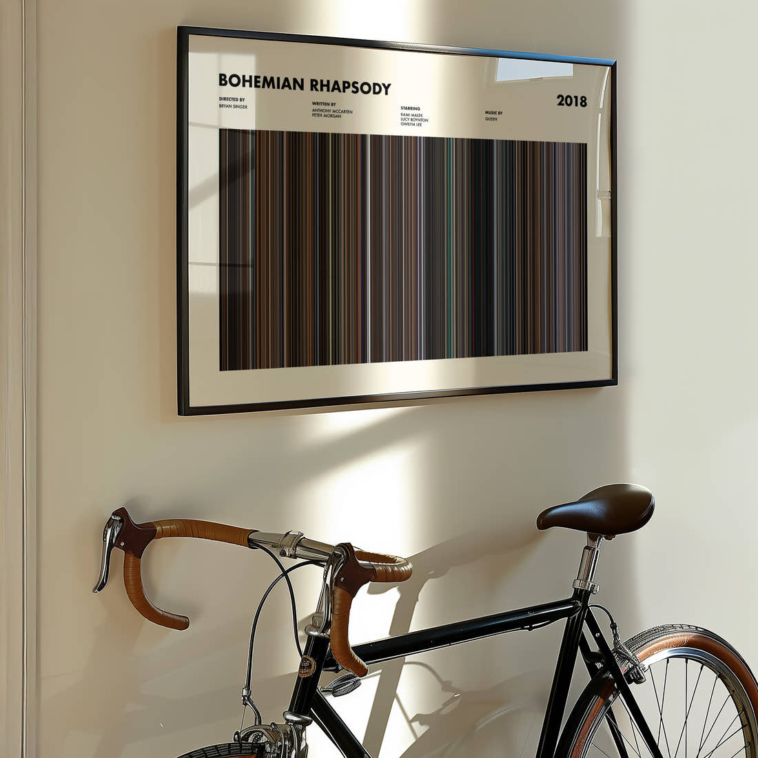 Bohemian Rhapsody Movie Barcode Poster framed on the wall of a styled room setting