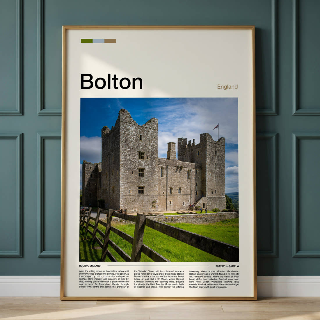 Bolton Stone Castle Facade Travel Print framed on the wall of a calm, neutral bedroom