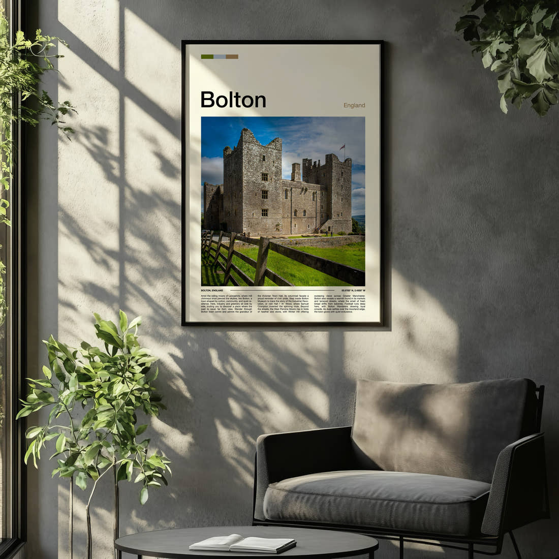 Bolton Stone Castle Facade Travel Print framed on the wall of a relaxed living room