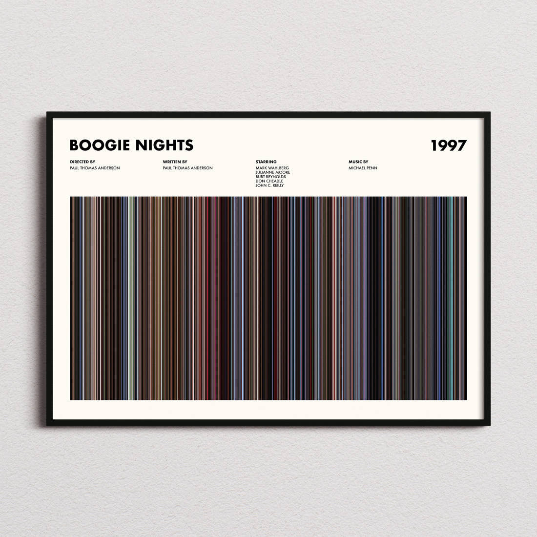 Boogie Nights Movie Barcode Poster framed and photographed straight on