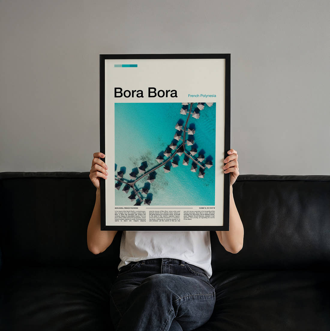 Bora Bora Overwater Bungalows Travel Print held up by hand to show the size of the print