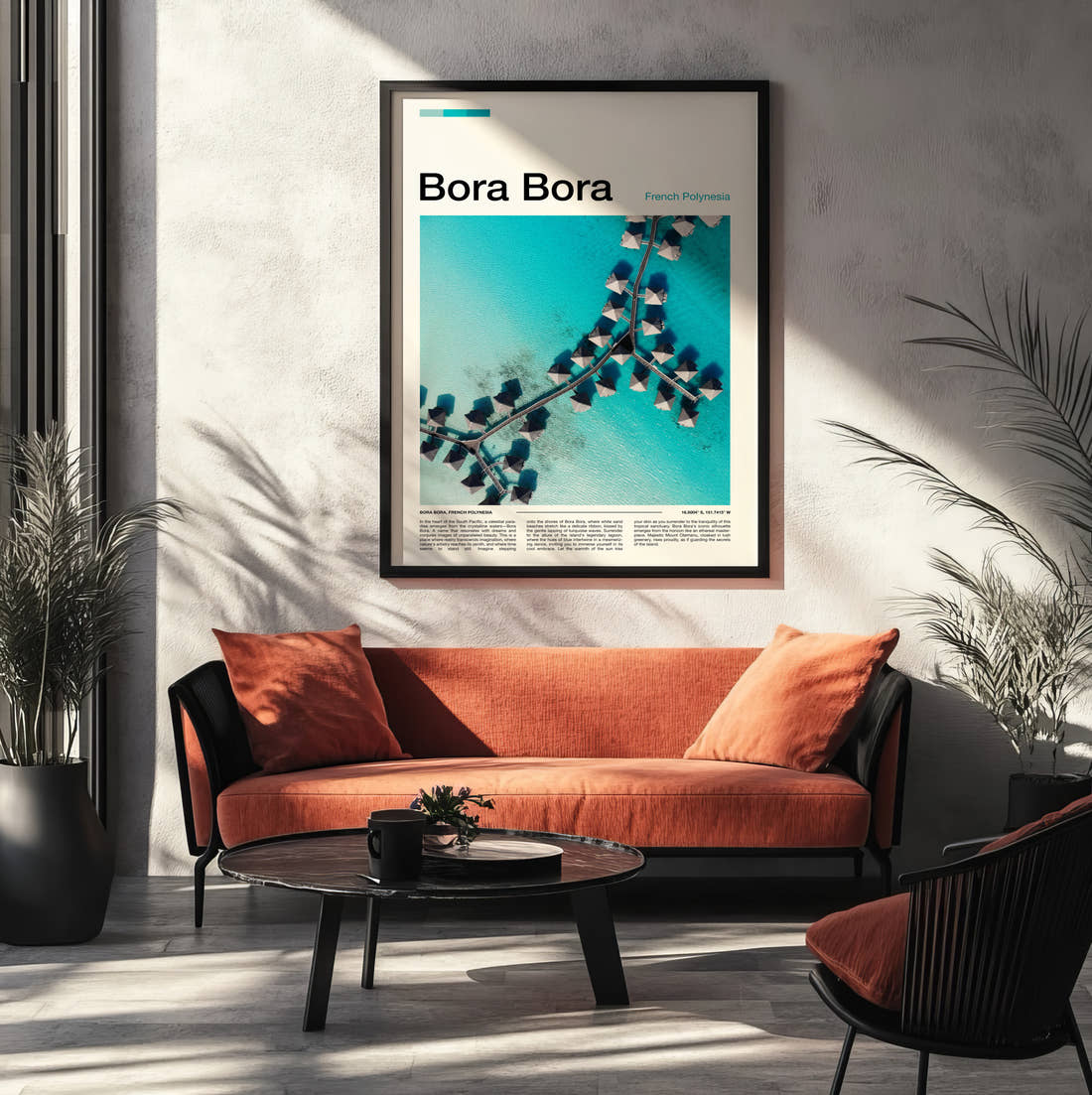 Bora Bora Overwater Bungalows Travel Print framed on the wall of a modern living room