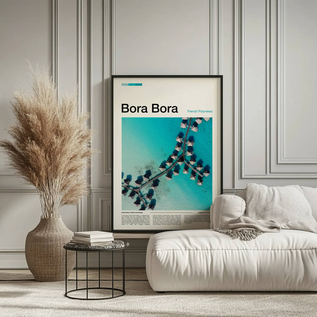 Bora Bora Overwater Bungalows Travel Print framed on the wall of a calm, neutral bedroom