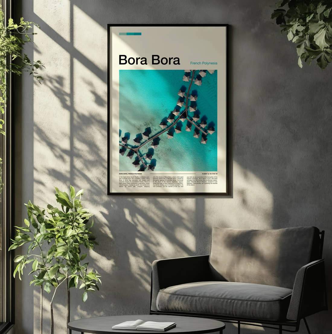 Bora Bora Overwater Bungalows Travel Print framed on the wall of a relaxed living room