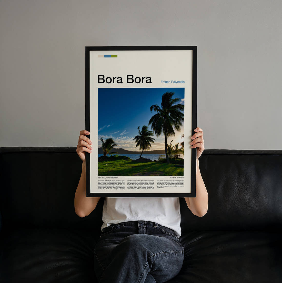Bora Bora Palms By The Lagoon Travel Print held up by hand to show the size of the print