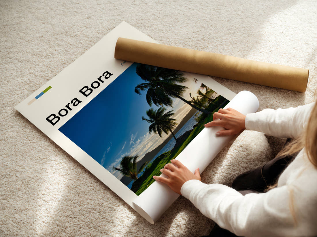 Bora Bora Palms By The Lagoon Travel Print being unrolled from its postal tube