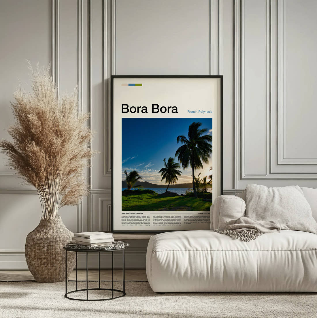 Bora Bora Palms By The Lagoon Travel Print framed on the wall of a calm, neutral bedroom