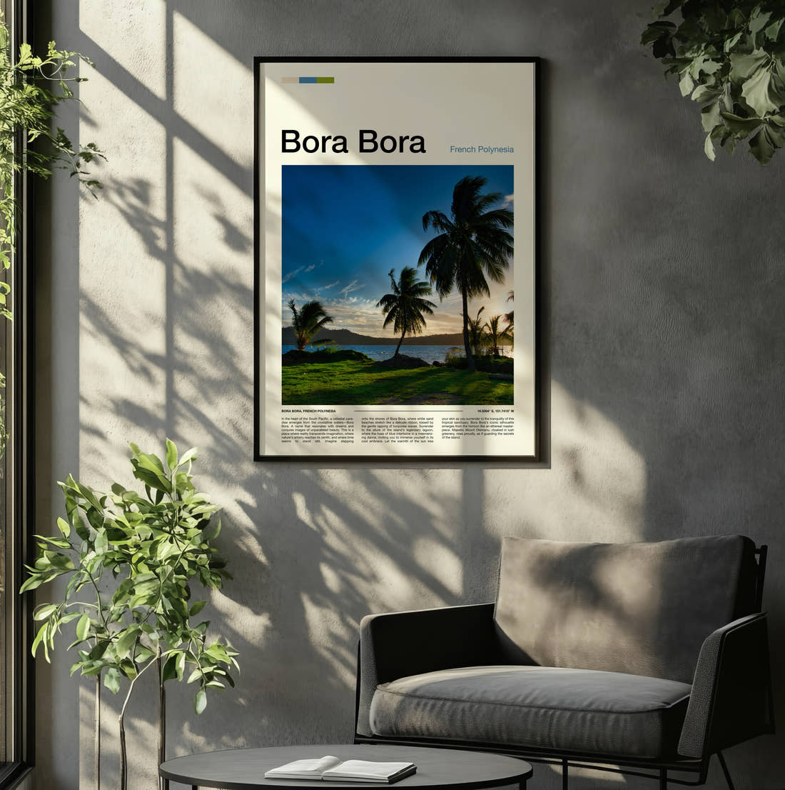 Bora Bora Palms By The Lagoon Travel Print framed on the wall of a relaxed living room