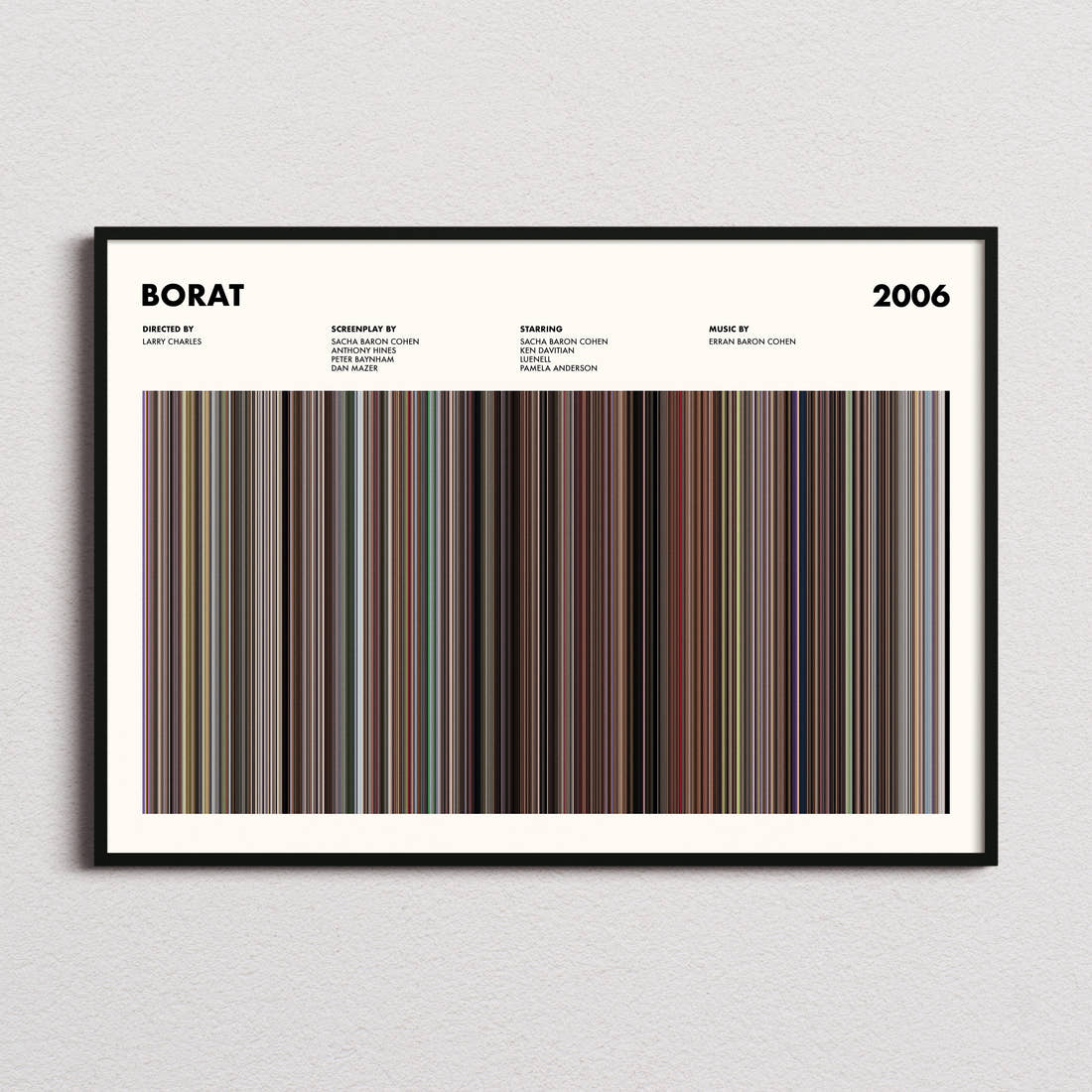 Borat Movie Barcode Poster framed and photographed straight on