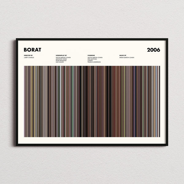 Borat Movie Barcode Poster framed and photographed straight on