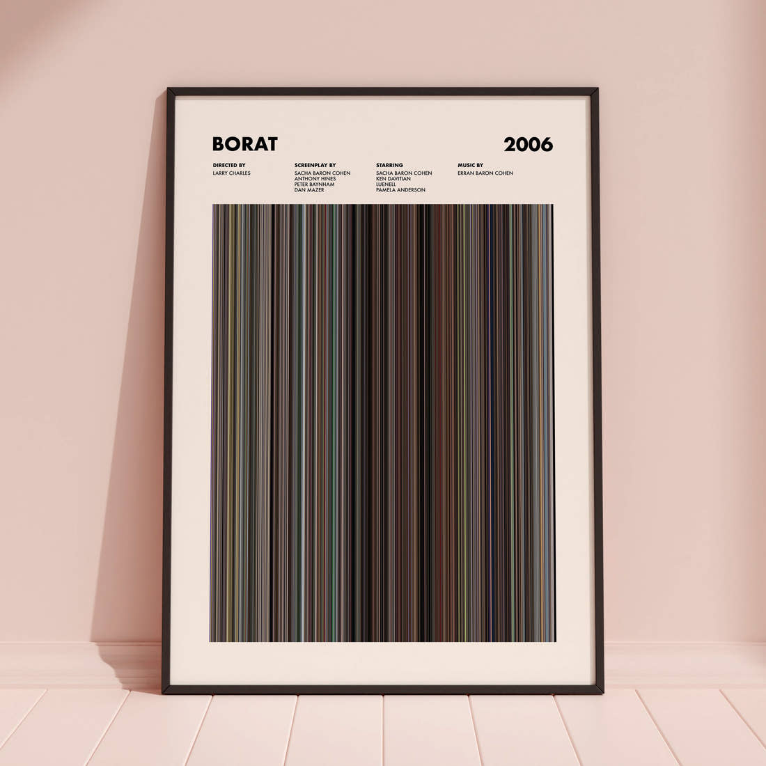 Borat Movie Barcode Poster framed and leaning against a coloured wall
