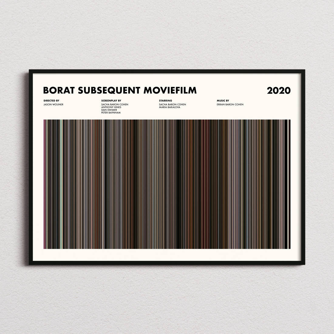 Borat Subsequent Moviefilm Movie Barcode Poster framed and photographed straight on